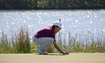 Ada senior Michael Huff sizes up his putt during action at the 2021 Ardmore Invitational Monday at the Dornick Hills Golf Course in Ardmore.
