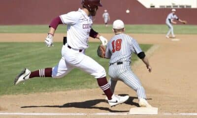 Ada senior Zac Carroll (22) beats out an infield single to lead off the first inning Monday night against Plainview. The AHS speedster stole three bases in the game and now has 29 so far this spring.