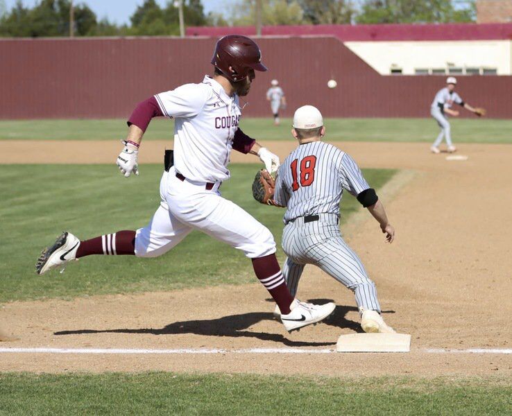 Ada senior Zac Carroll (22) beats out an infield single to lead off the first inning Monday night against Plainview. The AHS speedster stole three bases in the game and now has 29 so far this spring.