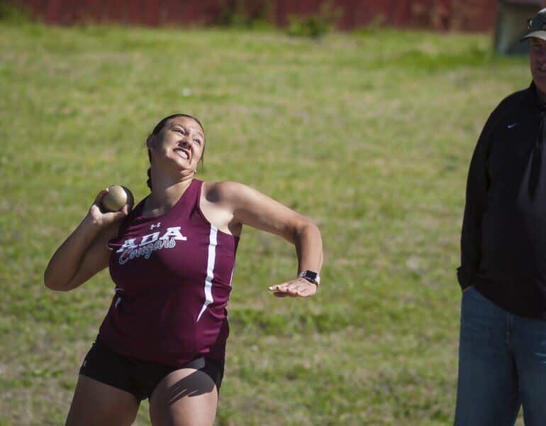 Richard R. Barron - The Ada News -- Ada freshman Aby Gutierrez competes in the shot put at the 2021 Dorsey Reirdon Invitational.