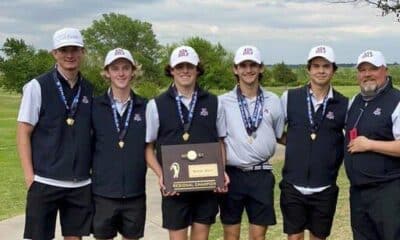 The Ada High boys golf team won a Class 4A Regional championship Monday at the Prairie West Golf Club in Weatherford. Team members include, from left to right: David Johnson, David Anderson, Mack Weems, Michael Huff, Derek Layton and head coach Robbie Powell.