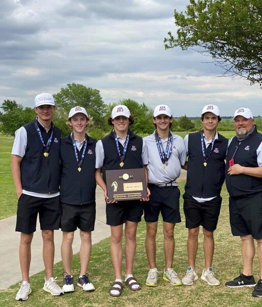 The Ada High boys golf team won a Class 4A Regional championship Monday at the Prairie West Golf Club in Weatherford. Team members include, from left to right: David Johnson, David Anderson, Mack Weems, Michael Huff, Derek Layton and head coach Robbie Powell.
