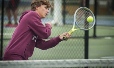 Richard R. Barron - The Ada News -- Ada freshman Jackson Swopes and fellow freshman Tate Danielson defeated the McAlester team of Alhtoba Haynes and Dustin Wall 6-4, 6-4 in a tense third-place match Tuesday at the weather-delayed Ada Tennis Tournament.