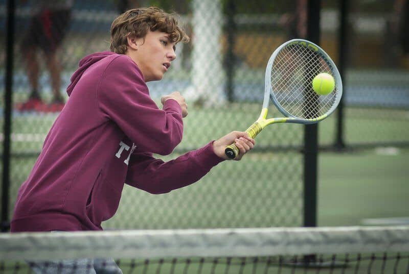 Richard R. Barron - The Ada News -- Ada freshman Jackson Swopes and fellow freshman Tate Danielson defeated the McAlester team of Alhtoba Haynes and Dustin Wall 6-4, 6-4 in a tense third-place match Tuesday at the weather-delayed Ada Tennis Tournament.
