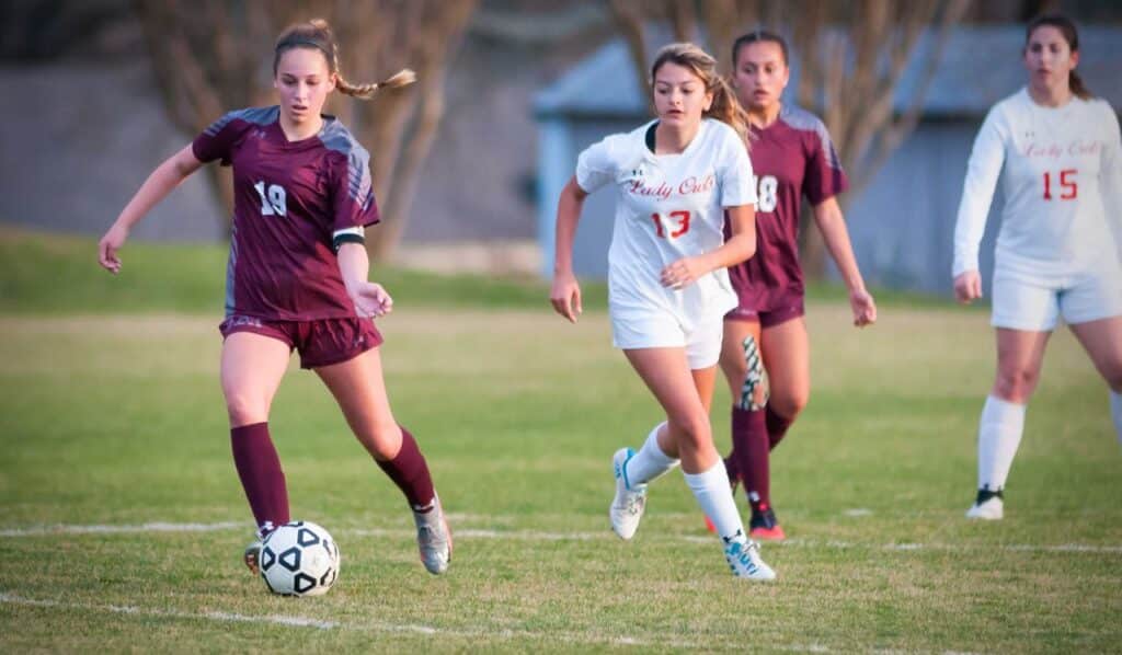Ada junior Maryanne Criswell (19) pushes the ball up the field in action earlier this spring. The Lady Cougars defeated Bristow 4-1 Monday night and travel to Cleveland on Friday.